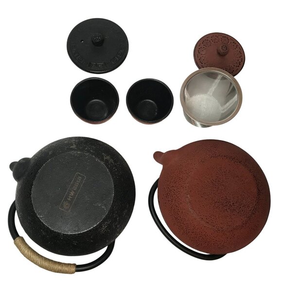 Hwagui Cast Iron Teapot Set Red & Black Pots Floral Design Two Cups & Infuser - Picture 7 of 8